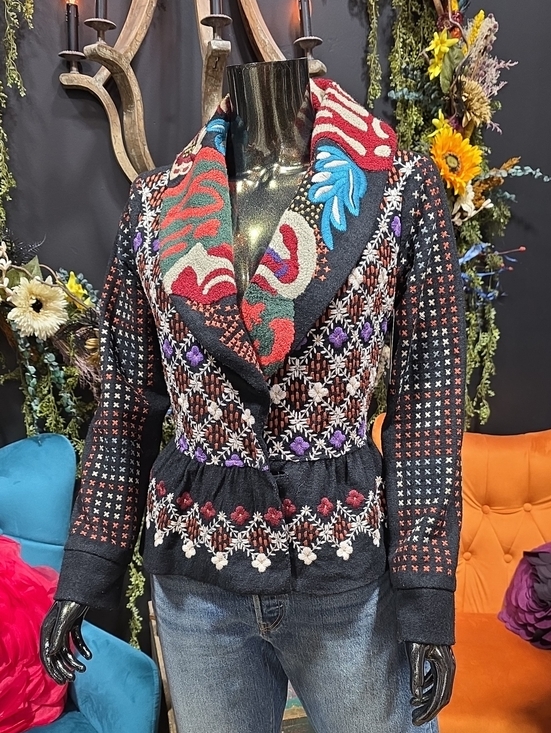 hazel Jackets & Blazers - RARE! Hazel Black Embroidered Shawl Collar Blazer with Multicolor Accents